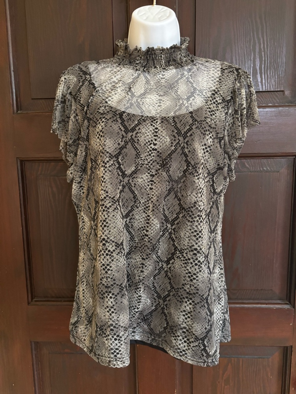 Kaktus Sheer Snake Print Mock Neck Blouse - Black & Cream